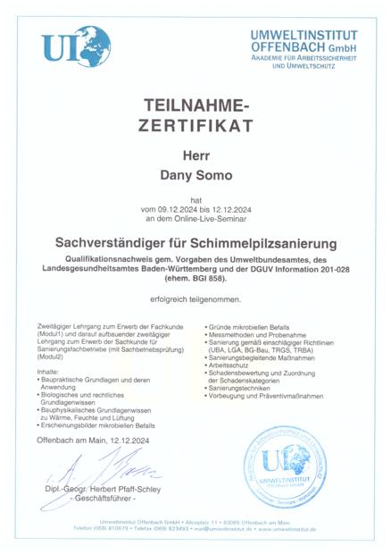 SOMO ABBRUCH STUTTGART Sachverständiger · Schimmelpilzsanierung – Dany Somo