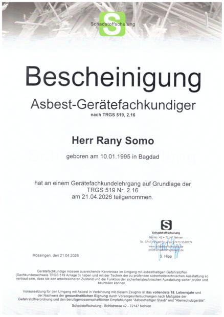 SOMO ABBRUCH STUTTGART TRGS 519 · Gerätefachkunde – Rany Somo