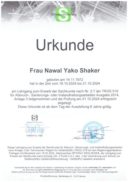SOMO ABBRUCH STUTTGART TRGS 519 · Sachkunde (Anlage 3) – Nawal Yako Shaker