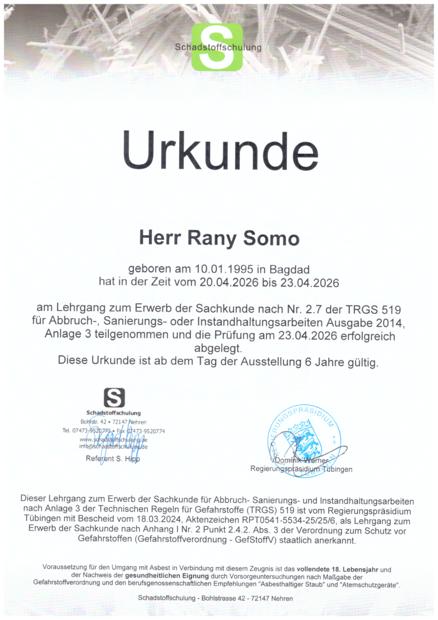 SOMO ABBRUCH STUTTGART TRGS 519 · Sachkunde (Anlage 3) – Rany Somo